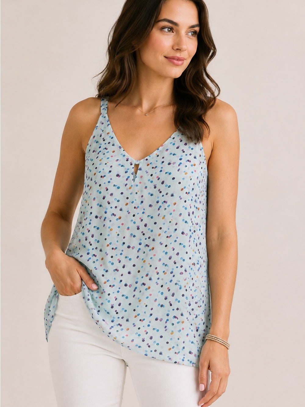 CAbi Sheer Confetti Print Tank Top blouse Small Blue Multicolor Sleeveless Lined